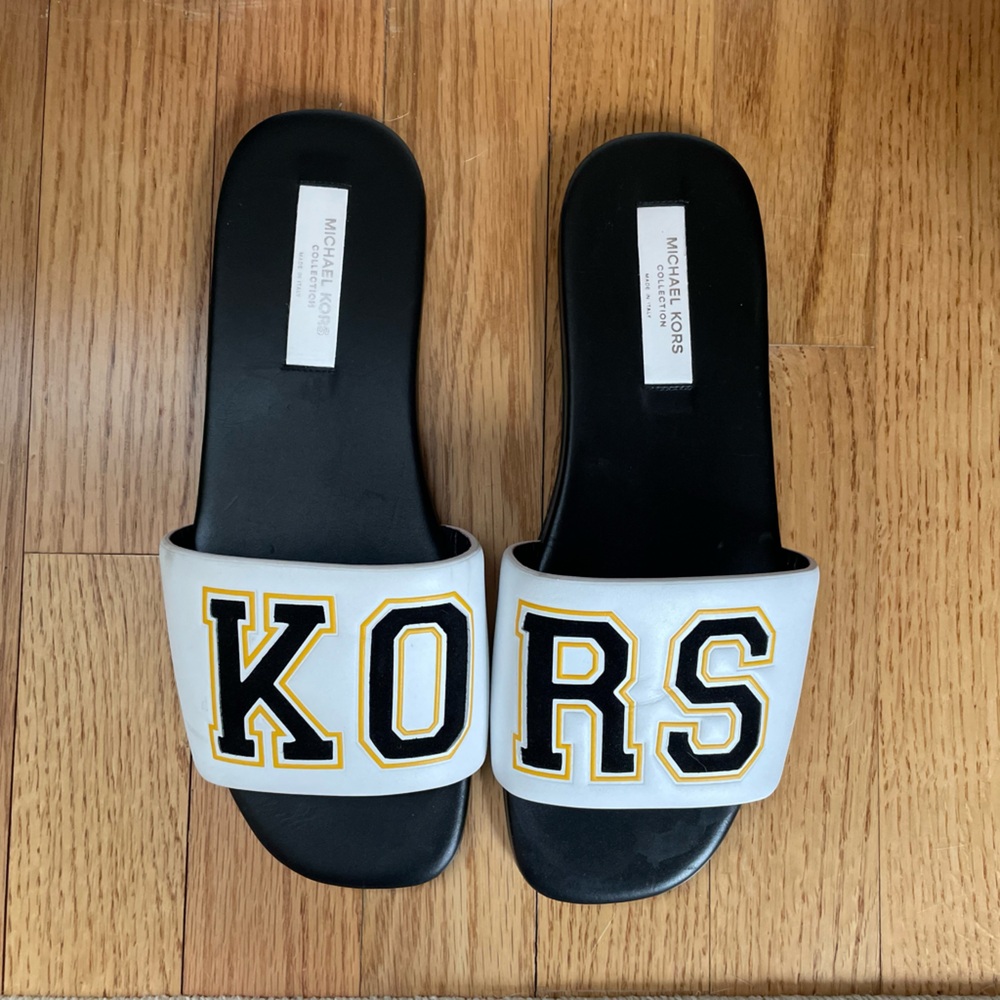 Michael Kors Black Slide Sandals with White Logo Inset